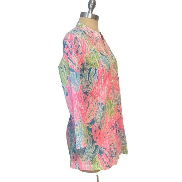 Lilly Pulitzer Sarasota Beaded Tunic Blouse Turquoise Lets Cha Cha Pink Small - Picture 2 of 5